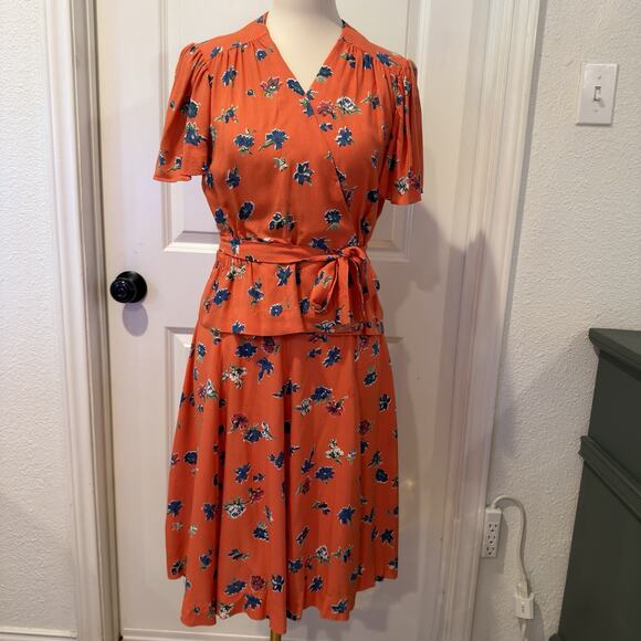 homemade Dresses & Skirts - Orange Floral Vintage Top/Skirt Set Size Small 40’s or 70’s Cottagecore